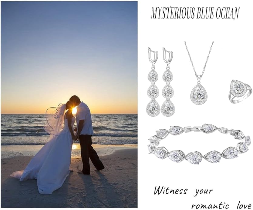 LMXXVJ Necklace Long Earrings Bracelet Set, White Gold Plated Created Blue Sapphire Jewelry Set Wedding Party Gift Jewelry for Women Bridal Bridesmaid