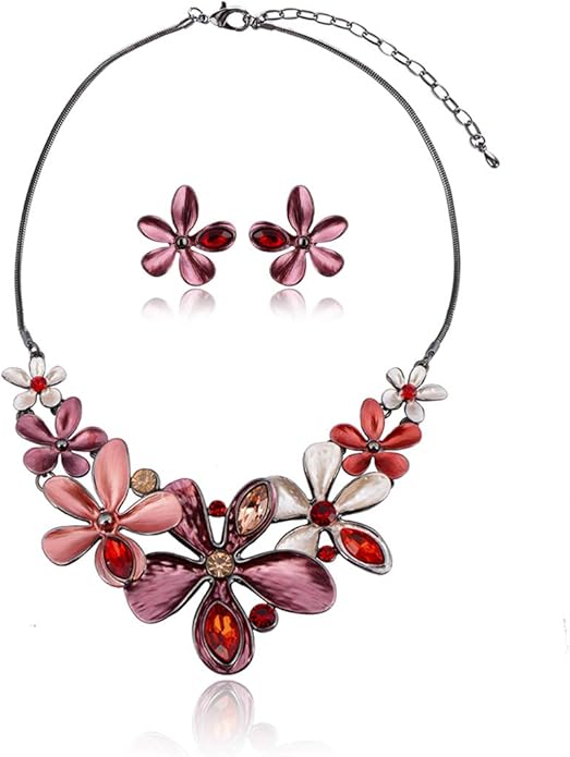 AMYJANE Vintage Statement Jewelry Set - Spring Leaf Flower Floral Plant Necklace Earring Set Crystal Rhinestone Fashion Costume Jewelry for Women Prom Party Unique Gift