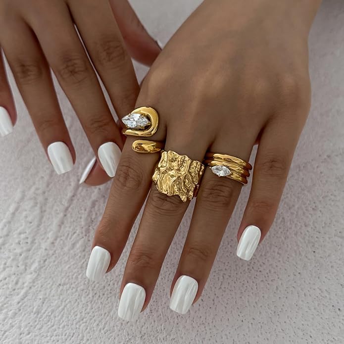 Chunky Gold Rings for Women Rhinestone Stackable Knuckle Ring Set Open Adjustable Statement Ring Set Dainty Crown Cross Midi Rings Fashion Jewelry Gift for Women
