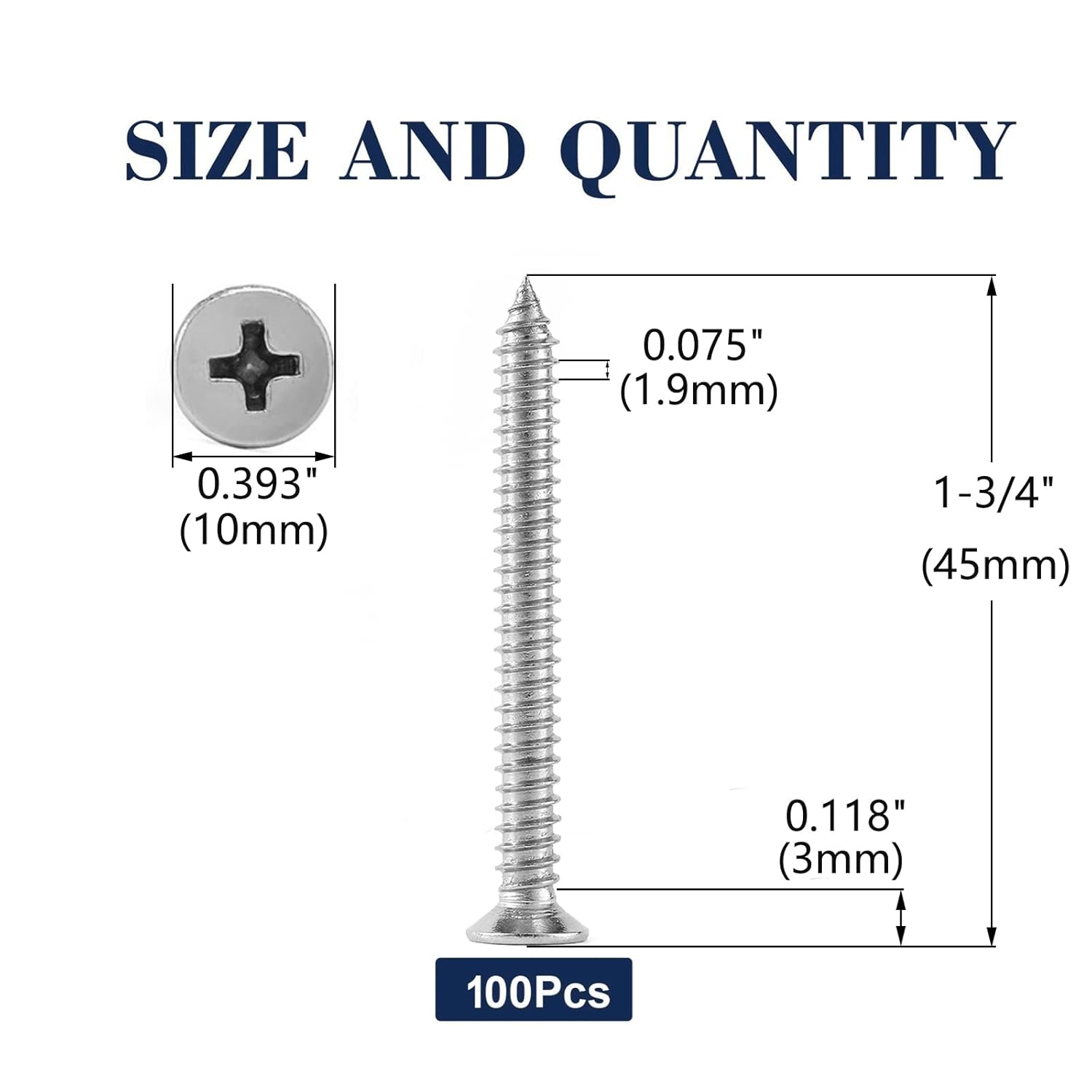 #12 x 1-3/4" Wood Screw 100Pcs 18-8 (304) Stainless Steel Screws Flat Head Phillips Fast Self Tapping Drywall Screws by SG TZH