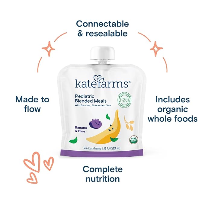 KATE FARMS Organic Pediatric Blended Meal, Bananas and Blueberries, 8g protein, organic whole foods, oral or tube feed nutrition, Gluten Free, Non-GMO, 8.45 oz (12 Pack)