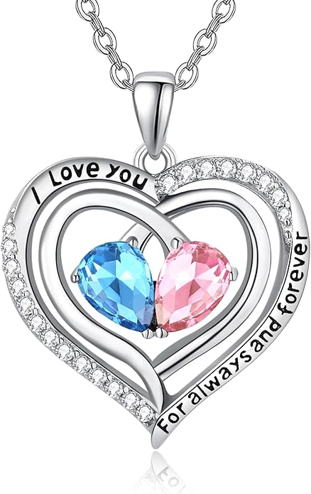 Valentine's Day Gifts for Wife 925 Sterling Silver Double Birthstone Pendant Necklaces I Love You for Always and Forever Necklace Anniversary Birthday Gifts for Wife Girlfriend Mom Her