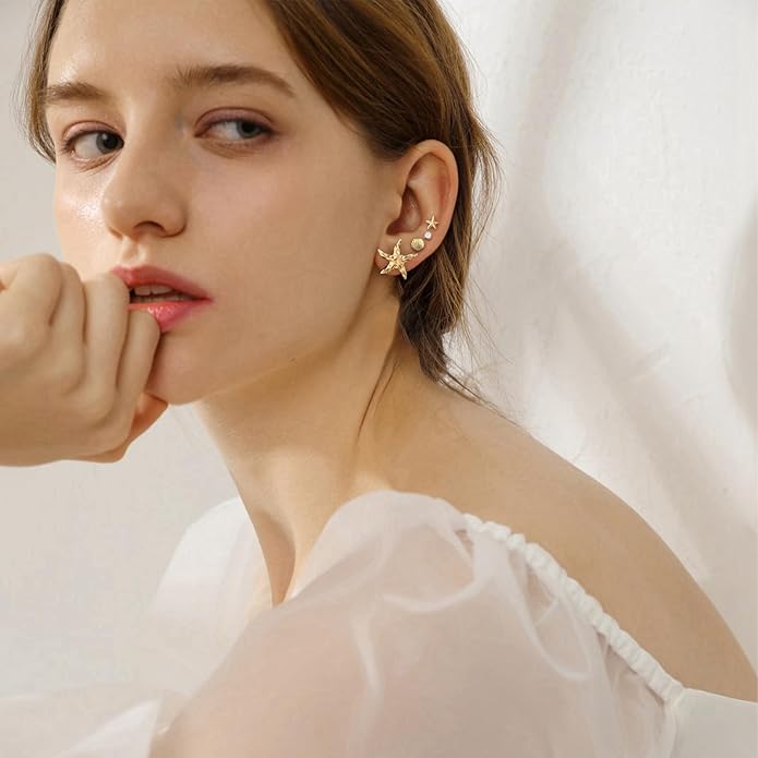 14K Gold Plated Shell Starfish Dainty Pearl Earrings for Women Trendy 4 Pairs Summer Beach Vacation Earrings for Women Ocean Jewelry Valentine's Jewelry Gifts