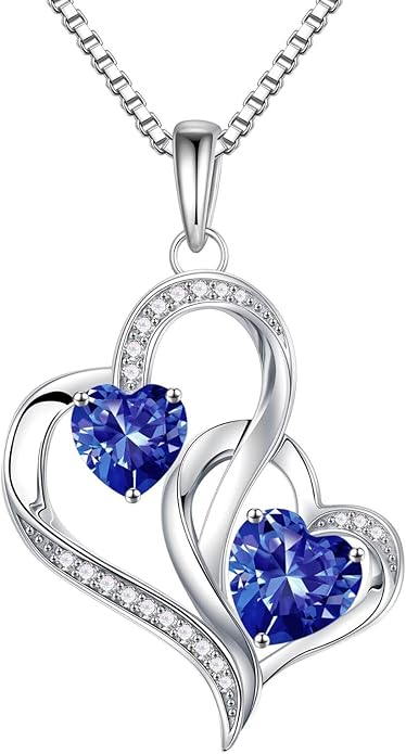 Iefil Valentines Day Gifts for Her - 925 Sterling Silver Double Birthstone Necklace, Heart Necklaces for Women, Anniversary Birthday Gifts, Personalized Jewelry Gift for Wife Mom Girlfriend