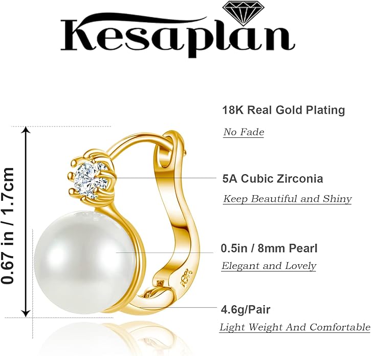 Pearl Earrings for Women 14K Gold Plated Hypoallergenic Pearl Earrings 5A Cubic Zirconia Dangle Earrings Elegant Jewelry