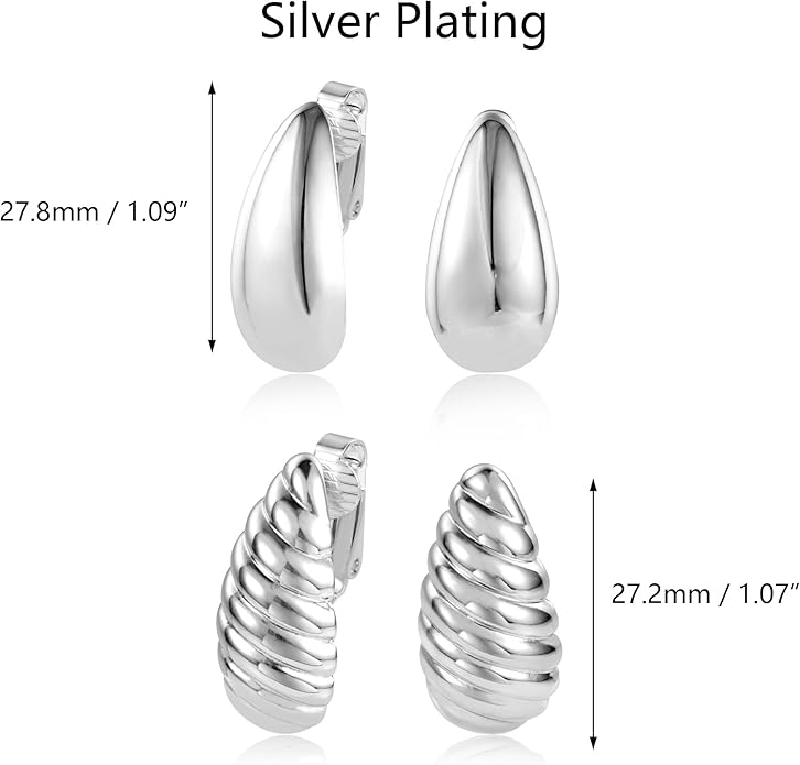Teardrop Clip On Earrings Dupes Earring for Women Chunky Hoop Earrings Hypoallergenic Lightweight Dangle Water Drop Earring Set for Women