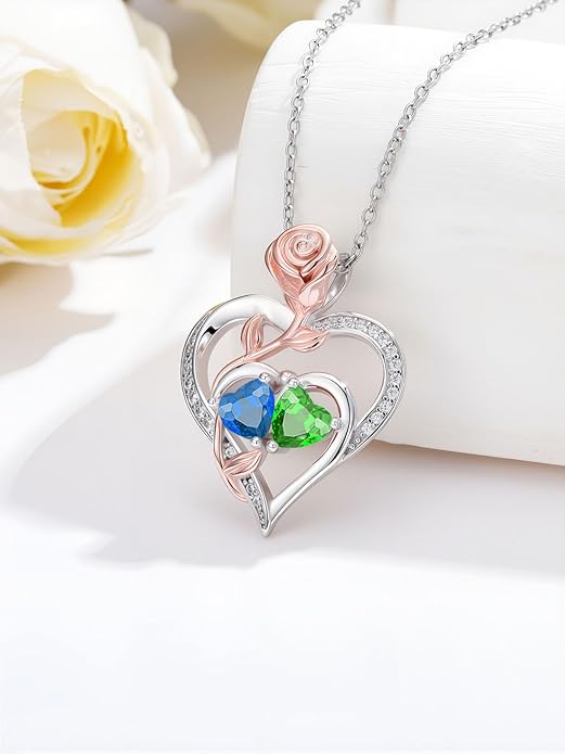 Rose Flower Heart Pendant for Women Birthday Gifts 18k Gold Plated Mother Daughter Necklace with 12 Months Birthstone Christmas Valentines Day Gifts for Her Mom Anniversarry Jewelry for Mom Wife Girlfriend