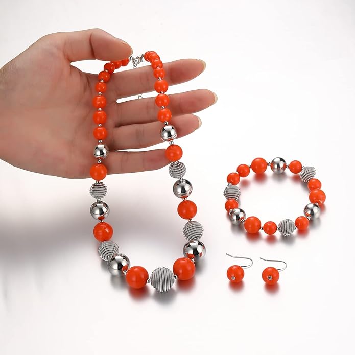 PEARL&CLUB Beaded Chunky Statement Necklace Earring and Bracelet Set Silver Metal Bead Fashion Jewelry Set Mothers’ Day Gifts for Women