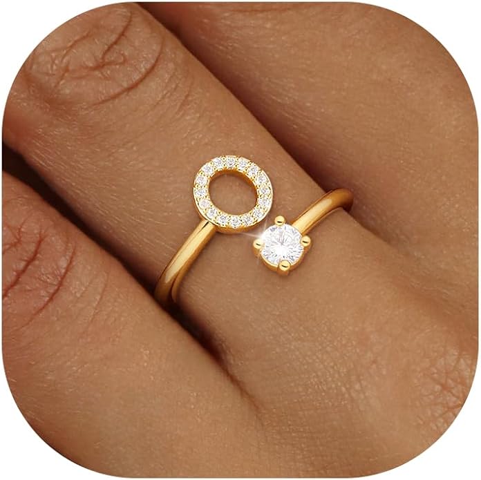 Valentines Day Gifts Gold Silver Initial Rings for Women Non Tarnish Dainty 14k Gold Plated Stackable Rings for Women Trendy Adjustable Letter Cubic Zirconia Pinky Ring Cute Open Birthday Gift Jewelry