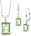 Gem Stone King 9-13 Cttw Pendant and Earrings Jewelry Set For Women | Emerald Cut 14X10MM and 8X6MM | Round 1.5MM | Gemstone Birthstone and Diamond | 925 Sterling Silver | 18 Inch Silver Chain