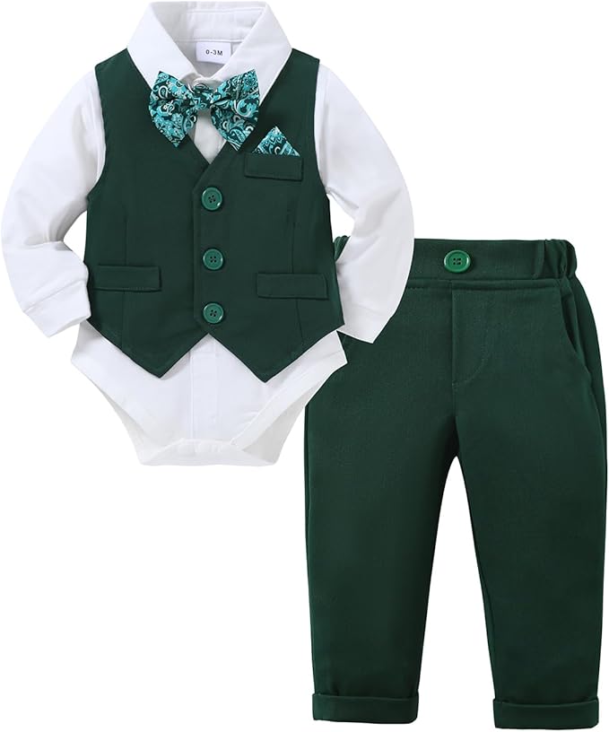 DISAUR Baby Boy Clothes Toddler Boy Outfits 4PCS Gentleman Dress Romper/Vest/Pants/Bow Tie Cotton Suit Sets