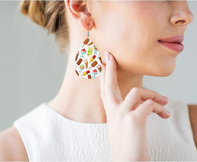 Ice Cream Leather Teardrop Earrings Cute Bright Color Chocolate Ice Cream Sweet Dessert Sundae Cone Faux Leather Water Drop Earrings Jewelry For Women Friends Wedding