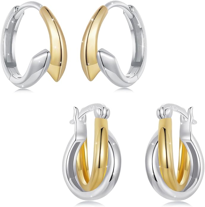 WOSTU 14K Gold Plated Two-Tone Oval Hoop Earrings for Women, Water Drop Design Lightweight Huggie Earrings,925 Sterling Silver Posts Double Drop Chunky Hoops Hypoallergenic Ear Buckles