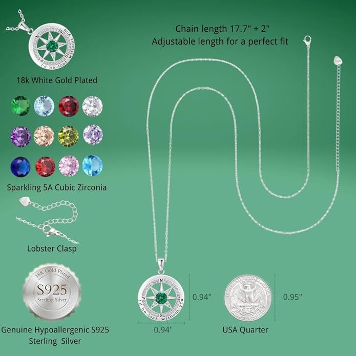 Compass Necklace for Women Wife Girlfriend Mom Daughter Gifts S925 Sterling Silver Jewelry For Anniversary Rose Gold Gifts For Birthday Christmas Mothers Valentines Day 12 Birthstones