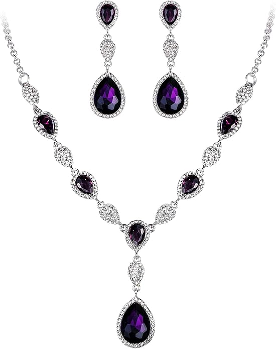 EleQueen Women's Cubic Zirconia Teardrop Y-Necklaces Dangle Earrings Jewelry Sets for Brides Bridesmaids