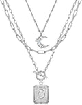 MJartoria Layered Initial Necklaces for Women Trendy, 14K Gold Plated Brass Simple Moon Choker Square Letter Pendant Necklace, Paperclip Chain Necklaces Jewelry Gifts