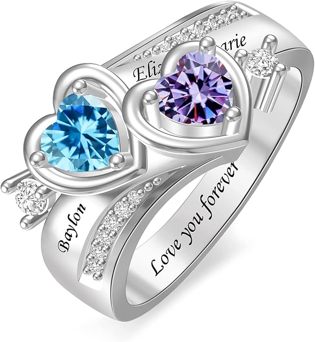 Personalized Heart Birthstone Rings for Women with 2 Birthstones Custom Name Rings for Couple Mother Daughter Jewelry Gift for Mother Her Christmas
