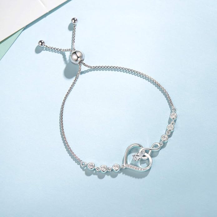 AGVANA Valentines Day Gifts Heart Birthstone Bracelets for Women Sterling Silver Genuine or Created Gemstone Tennis Bracelet Infinity Love Jewelry Anniversary Birthday Gifts for Wife Mom Women