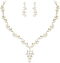 EVER FAITH Bridal Cubic Zirconia Jewelry Sets for Women, White Simulated Pearl Leaf Vine Pendant Wedding Party Necklace Earrings Set for Bridesmaid Bride