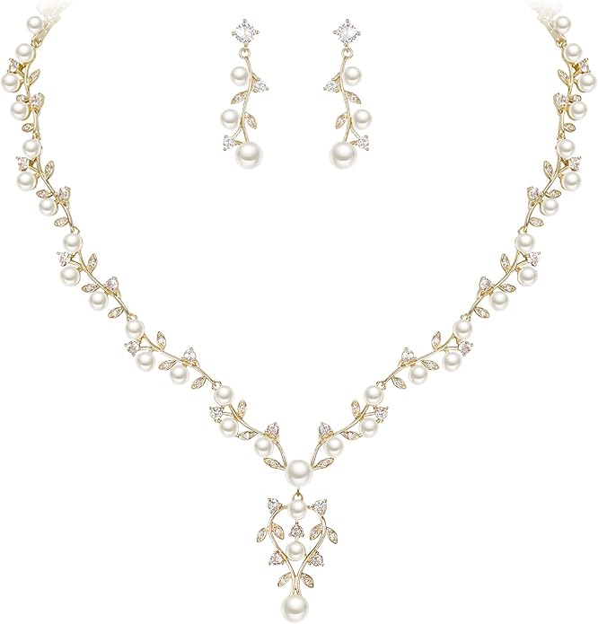 EVER FAITH Bridal Cubic Zirconia Jewelry Sets for Women, White Simulated Pearl Leaf Vine Pendant Wedding Party Necklace Earrings Set for Bridesmaid Bride
