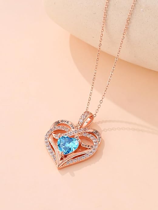 Infinity Rose Gold Valentines Heart Birthstone Necklace for Women,I Love You Always and Forever Jewelry,Valentines Anniversary Birthday Gifts for Her Wife Mom Grandma Daughter