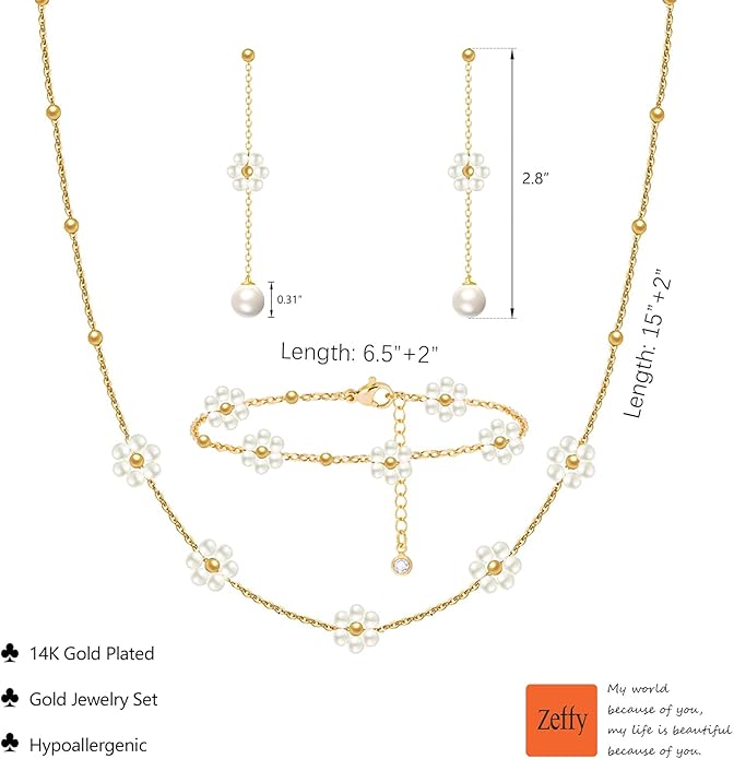 Zeffy Gold Pearl Necklace for Women, Dainty 14K Gold/Silve Plated Layered Pearl Choker Pearl Earrings Pearl Bracelets Wedding Trendy Gold Jewelry Set for Women Gifts