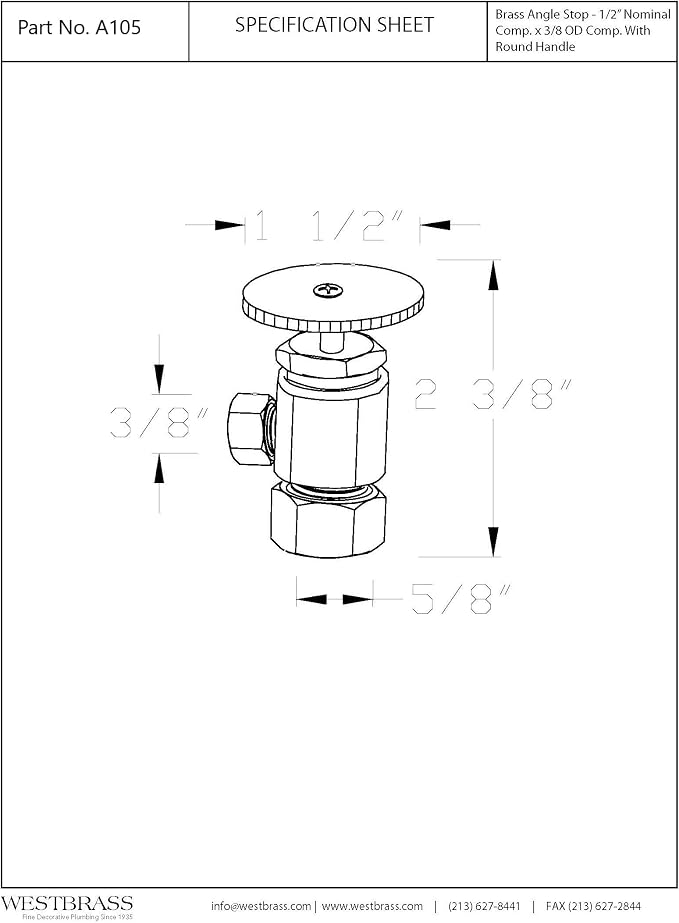 Westbrass A105-05 Round Handle Angle Stop Shut Off Valve, 1/2" Copper Pipe Inlet - Image 6