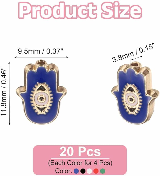 MECCANIXITY 20 Pcs Hand Evil Eye Beads Colorful Flat Loose Spacer Evil Eye Charms for DIY Bracelet Earrings Necklace Crafts Jewelry Making, Green/Red/Bright Blue/Black/White