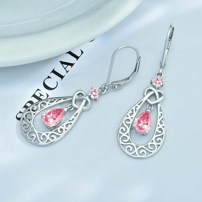 Teardrop Birthstone Dangle Drop Earrings Sterling Silver Infinity Filigree Leverback Earrings, Infinity Love Birthday Anniversary Valentines Day Gifts for Her Women Mom Wife