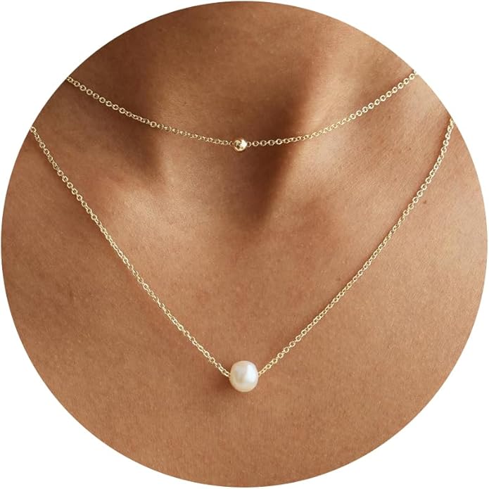 Pearl Necklaces for Women-14k Gold Plated Layered-Single Pearl Necklace Simple Pearl Choker Necklaces for Women Trendy Cute Gold Necklace Jewelry for Women Gifts