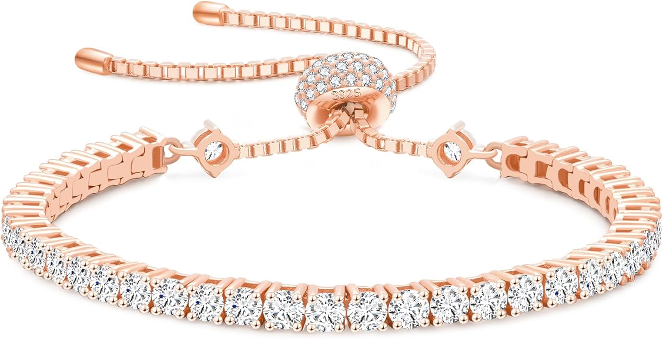 KRKC&CO Moissanite Bolo Tennis Bracelets for Women, 1.6-8.0 ct.tw, Adjustable Length S925 Sterling Silver, Christmas Gifts for Her, Luxury Box, 2/3/4mm D Color VVS1 White/14K/24K/Rose Gold Plated
