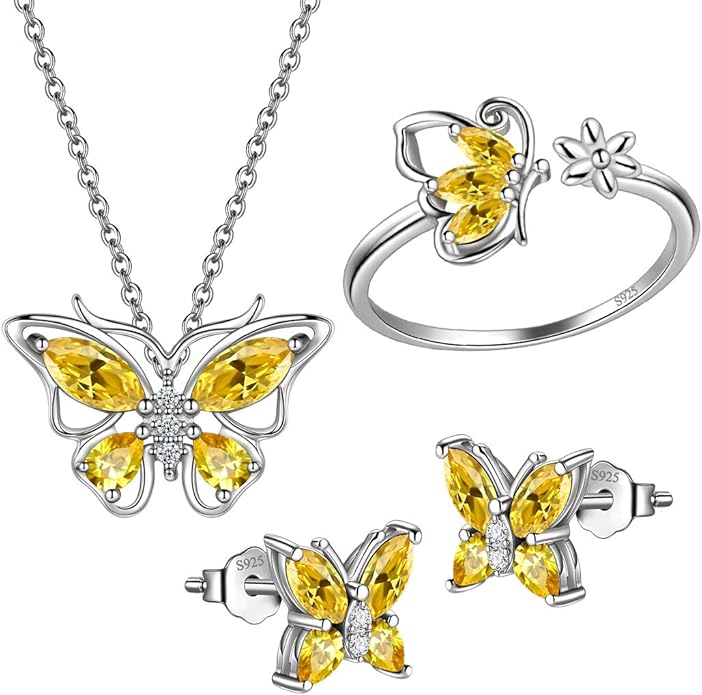 925 Sterling Silver Birthstone Butterfly Jewelry Women Crystal Animal Cute Butterflies Birthday Necklace/Earring/Ring/Bracelet Sets Birth Stone Statement Anniversary Jewellery