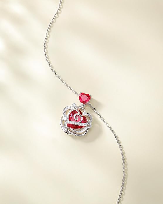 FANCIME Thornless Pulse Heart Birthstone Necklace for Women Sterling Silver Rose Pendant Fine Jewelry Gemstone Birthday Valentines Day Gifts for Wife Her