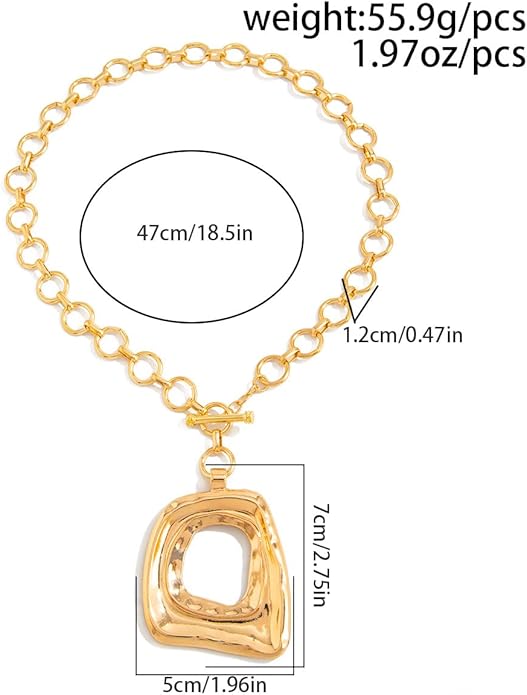 Chunky Gold Large Hollow Square Pendant Necklaces Bold Gold Irregular Geometric Square Pendant Statement Necklace Punk Hip-Hop Fashion Creative Jewelry Accessories for Women