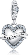 Birthstone Charms 925 Sterling Silver Love Heart pendant Beads Fit Pandora Charms Bracelet and Necklace, Fit Women Wife Mom Christmas Birthday Gift