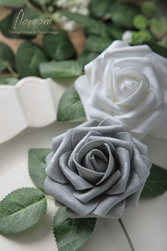 Artificial Flowers 50pcs Real Looking Shimmer Silver Grey Foam Fake Roses - Image 5