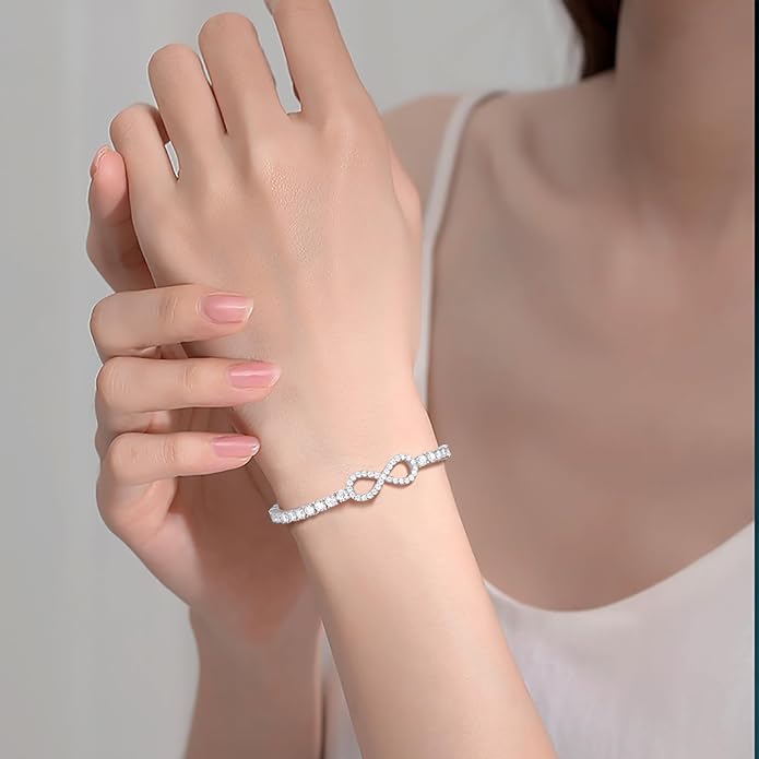 Moissanite Tennis Bracelets For Women, S925 Sterling Silver Infinity Bracelet, 3MM Width 18K Gold Plated White Gold Adjustable Bolo Bracelets- Birthday Christmas Gifts For Mom Wife Her