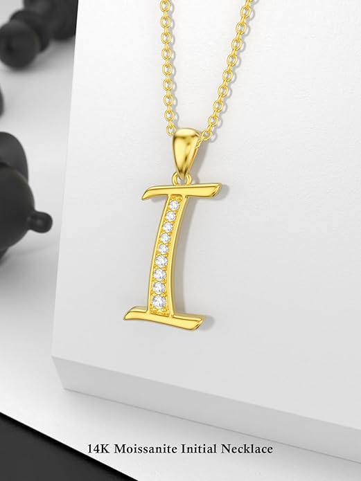 14k Gold Initial Necklace for Women, Solid Gold Moissanite Letter Pendant Necklaces Jewelry for Her Birthday Valentines Day Gifts for Mom Wife Christmas Gifts for Girlfriend Sister
