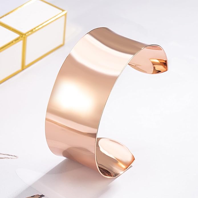 Dankadi Women 925 Sterling Silver Curved Bangle 30MM Wide Grooved Cuff Bangle Shiny Punk Open Bracelet Adjustable Plated 24k Gold/Rose Gold Jewelry Gift