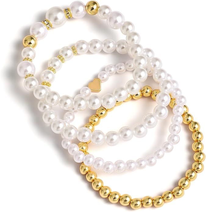 Gold Plated Beaded Bracelets for Women Trendy, 14K Gold Plated Stack Cross Pearl Gold Plated Bead Stretch Bracelets Set Elastic Hypoallergenic Bracelets Jewelry Gifts