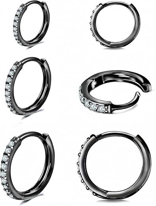 925 Sterling Silver Small Hoop Earrings Cubic Zirconia Huggie Hoop Earrings, 3 Pairs 14K White Gold Plated Cartilage Piercing Earrings Ear Cuff Tiny Hoop Earrings for Women Men