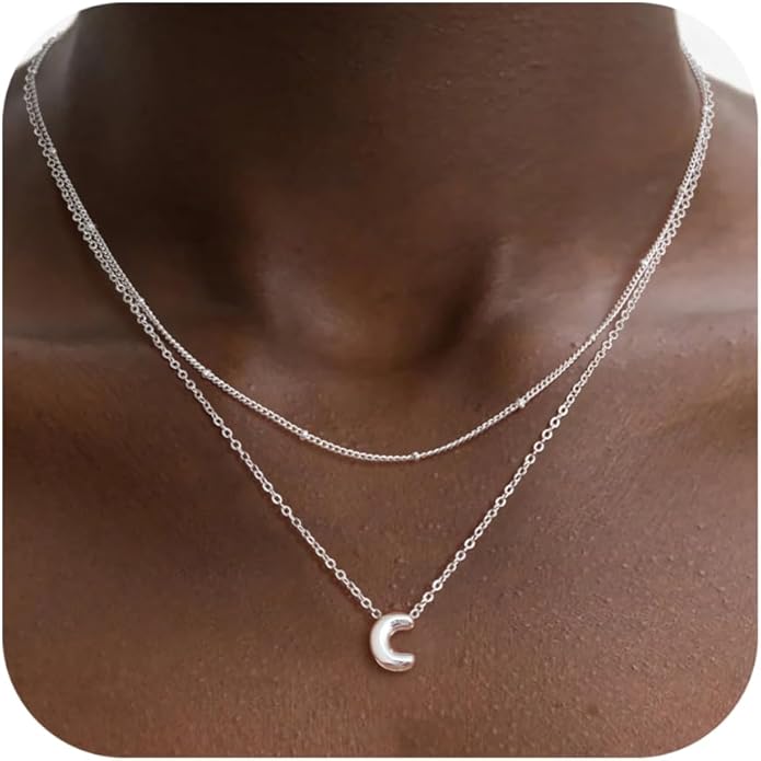Valentines Day Gifts for Her - Bubble Letter Necklace Layered 14K Gold Plated Initial Necklaces for Women Dainty Cute Choker Pendant Stack Jewelry Fashion Accessories Teen Gift Trendy Stuff