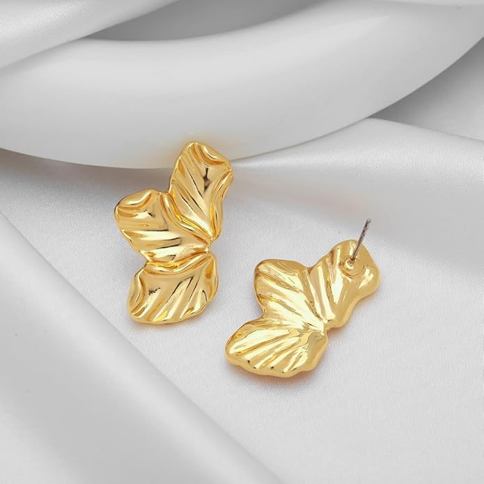Chunky Gold Statement Earrings For Women Gold Plated Sectored Flower Leaf Shell Angel Wing Earrings Trendy Boho Jewelry For Women Large Stud Earrings Hypoallergenic Earrings