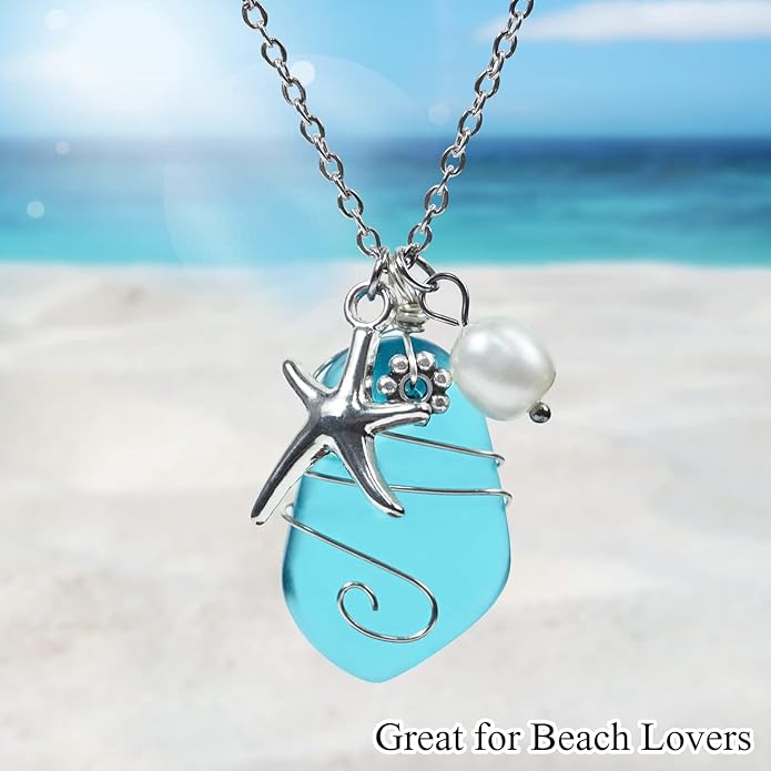 Sea Glass Necklace, Wire Wrapped Beach Necklaces, Sea Glass Jewelry, Handmade Blue Beach Jewelry for Women Trendy