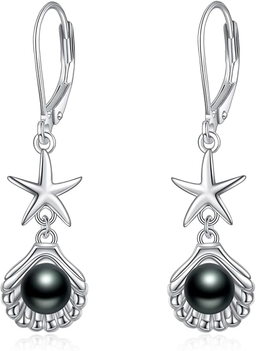 VONALA Silver/Gold Seashell Pearl Dangle Earrings 925 Sterling Silver Beach Drop Dangle Earrings Starfish Leverback Earrings Ocean Jewelry Gifts for Women