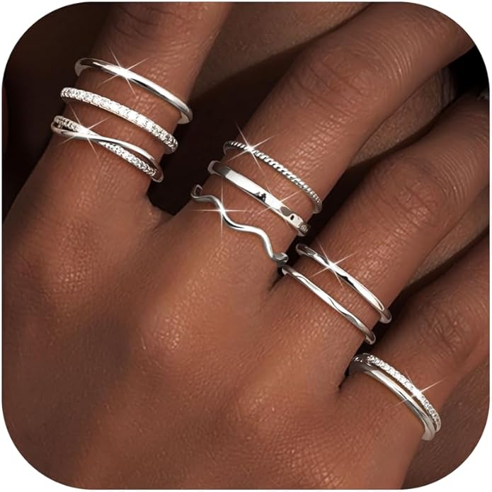 Tungary Gold Stackable Rings for Women Non Tarnish Open Adjustable Thin Thumb Silver Rings 14K Gold Plated Stacking Cubic Zirconia Knuckle Pinky Ring Set Dainty Statement Promise Wedding Band Ring