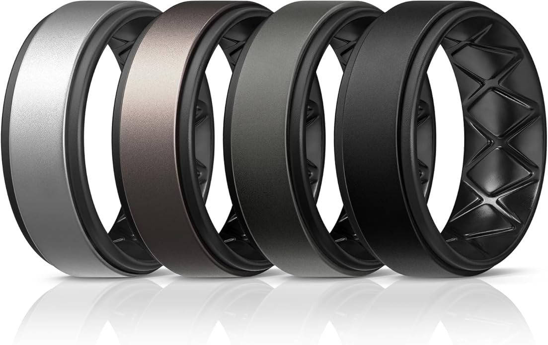 Egnaro Silicone Rings for Men 1/4/5/6/7 Multipack of Breathable Mens Silicone Rubber Wedding Rings Bands - Step Edge