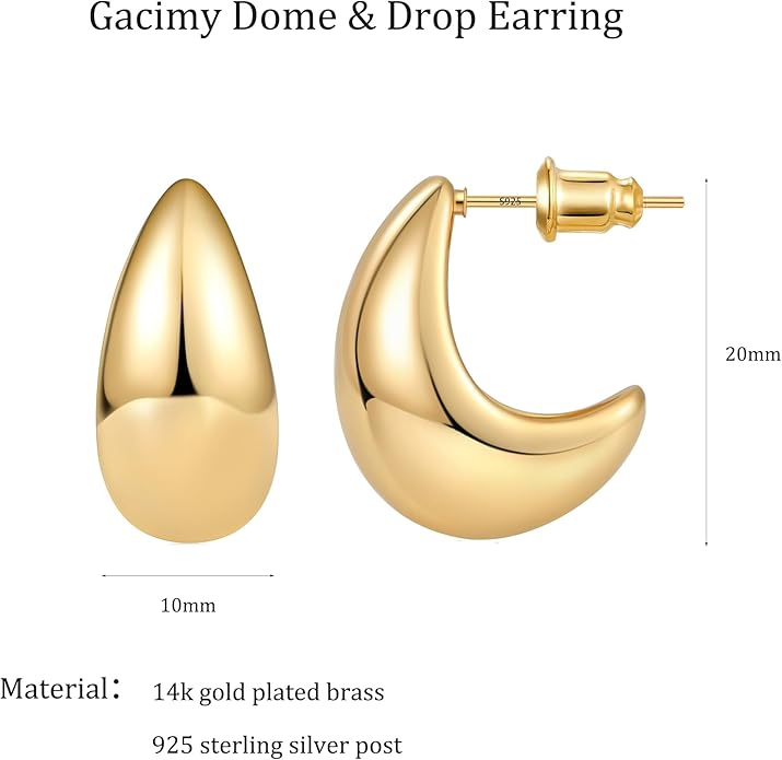 Gacimy Chunky Earrings for Women, Teardrop Earrings with 925 Sterling Silver Post, 14K Gold Plated Statement Drop for Women