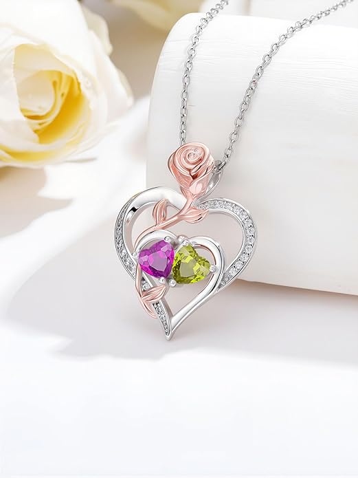 Rose Flower Heart Pendant for Women Birthday Gifts 18k Gold Plated Mother Daughter Necklace with 12 Months Birthstone Christmas Valentines Day Gifts for Her Mom Anniversarry Jewelry for Mom Wife Girlfriend