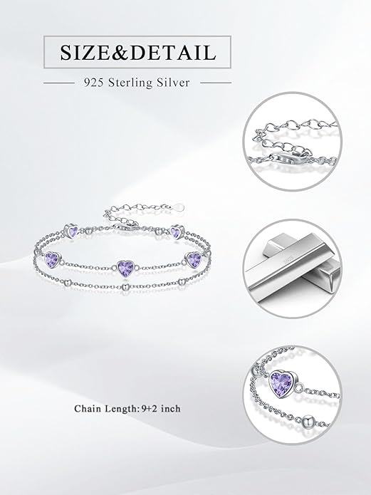 Birthstone Anklet/Bracelets for Women 925 Sterling Silver Charm Link Double Strand Heart Birthstone Jewelry Gift for Wife Women Mother's Day Gift